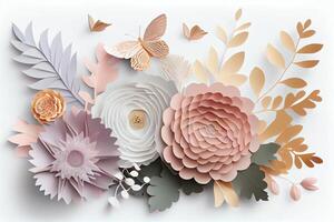 Abstract cut paper flowers isolated on white, botanical background, festive floral arrangement. Rose, daisy, dahlia, butterfly and leaves in pastel color palette. Simple modern wall decor. Generate Ai photo