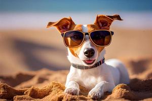 linda perro - Jack Russell terrier con Gafas de sol, disfrutando en el playa. generar ai foto