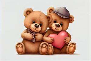 Cute teddy bears holding a heart, on white background. Generate Ai photo