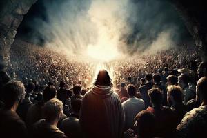 Revelation of Jesus Christ, new testament, religion of christianity, heaven and hell over the crowd of people, Jerusalem of the bible. Generate Ai photo