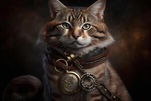 cat with a steampunk watch lanyard around his neck protecting a safe. Generate Ai photo