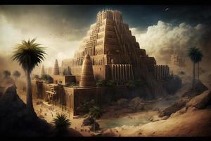 Ancient city of Babylon with the tower of Babel, bible and religion, new testament, speech in different languages. Generate Ai photo