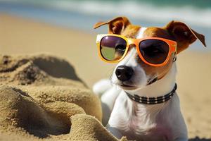Cute dog - jack Russell terrier with sunglasses, enjoying on the beach. Generate Ai photo