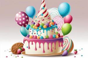 celebracion fiesta cumpleaños pastel con un montón de Formación de hielo y decoraciones generar ai foto