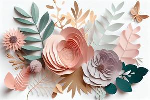 Abstract cut paper flowers isolated on white, botanical background, festive floral arrangement. Rose, daisy, dahlia, butterfly and leaves in pastel color palette. Simple modern wall decor. Generate Ai photo