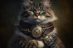 cat with a steampunk watch lanyard around his neck protecting a safe. Generate Ai photo