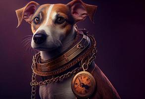 perro con un Steampunk reloj acollador alrededor su cuello proteger un seguro. generar ai foto