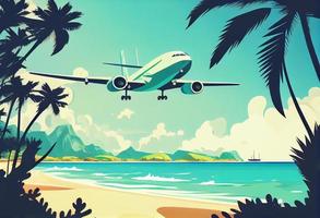 Airplane flying above tropical sea beach , Theme of travel in summer trip , Vacation weekend and tourism.Generate Ai photo