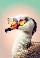 Creative animal composition. Goose wearing shades sunglass eyeglass isolated. Pastel gradient background. With text copy space. Generate Ai photo