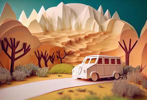 Paper art , Car on a road , one day trip in the summer , Escape from the city with goes on holiday weekend. Generate Ai photo