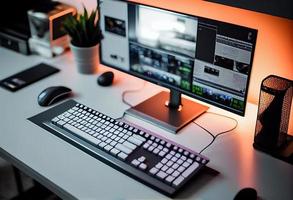 Shot of a Desktop computer and keyboard and mouse in the Creative Modern Office.Generate Ai photo