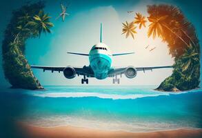 Airplane flying above tropical sea beach , Theme of travel in summer trip , Vacation weekend and tourism.Generate Ai photo