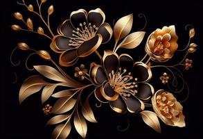 Photo golden flowers on black background elegant floral wallpaper. Generate Ai