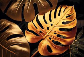 Photo golden monstera delicious plant leaf luxury monstera gold leaves background. Generate Ai