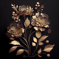 Photo golden flowers on black background elegant floral wallpaper. Generate Ai