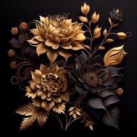 Photo golden flowers on black background elegant floral wallpaper. Generate Ai