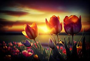 foto hermosa tulipán flores en césped campo con puesta de sol antecedentes. generar ai