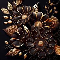 Photo golden flowers on black background elegant floral wallpaper. Generate Ai