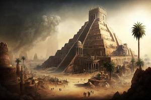 antiguo ciudad de Babilonia con el torre de Babel, Biblia y religión, nuevo testamento, habla en diferente idiomas generar ai foto