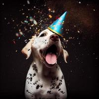 linda perro con un fiesta sombrero celebrando su cumpleaños, papel picado descendente. generar ai foto