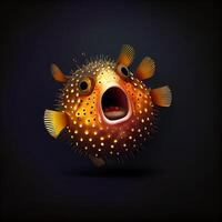 Illustration of surrealistic pufferfish with opened mouth on black background. Generate Ai photo