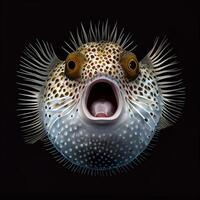 Illustration of surrealistic pufferfish with opened mouth on black background. Generate Ai photo