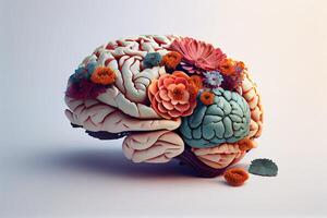 humano cerebro con flores, yo cuidado y mental salud concepto, positivo actitud , creativo mente. generar ai foto