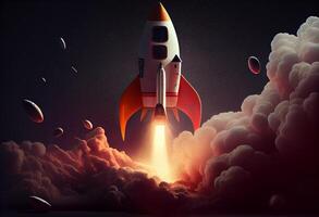 Startup of rocket to space and copy space for start up business and advertise. Generate Ai photo