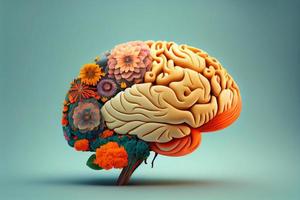 Human brain with flowers, self care and mental health concept, positive attidude , creative mind. Generate Ai photo