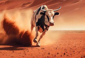 The cow runs on Mars. Generate Ai photo