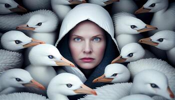 A woman's face sticking out in the middle of white geese . Generate Ai photo