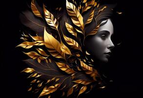 Woman sticking out of black and gold leaves. Generate Ai photo