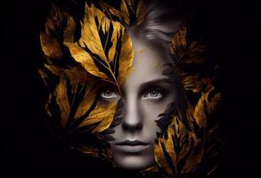 Woman sticking out of black and gold leaves. Generate Ai photo