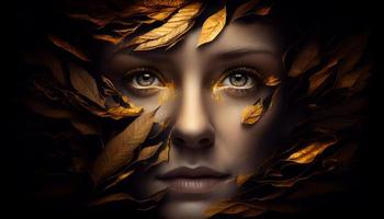 Woman sticking out of black and gold leaves. Generate Ai photo