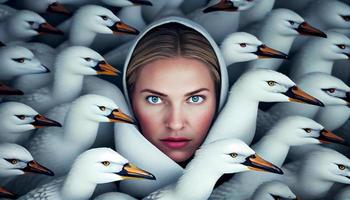 A woman's face sticking out in the middle of white geese . Generate Ai photo