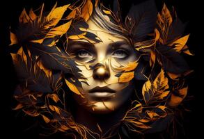 Woman sticking out of black and gold leaves. Generate Ai photo