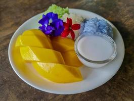 Fresh sweet mango served with 3 colors sticky rice and coconut milk on white dish. photo