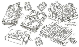 A set of books with magic spells, tarot cards and gems in a linear style. Fantastic grimoires on alchemy, ancient volumes of fairy tales or games with esoteric recipes and mystical charms. Cartoon vector