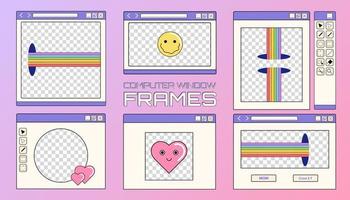 Set of computer opened window frames and borders on a colorful background, Y2K retro illustrations, frames for images. vector