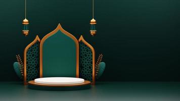 Green and Gold Islamic Podium Decorative Background with Lantern and  Copy Space. Suitable for Ramadan Mubarak or Eid Al-Fitri Banner Illustration photo