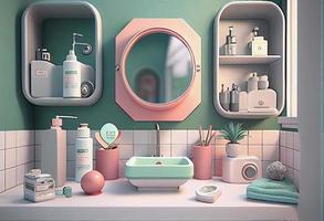 Full of feminine cosmetics arranged around a sink in a modern bathroom. Generate Ai. photo