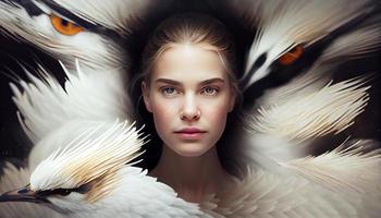 A woman's face sticking out in the middle of all the goose white feather. Generate Ai photo