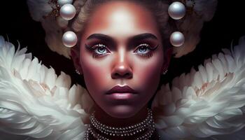 A beautiful black woman who appears in the midst of large pearls. Generate Ai. photo