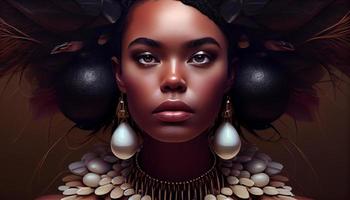 A beautiful black woman who appears in the midst of large pearls. Generate Ai. photo