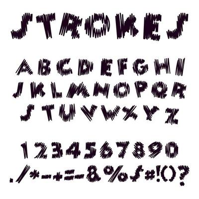 Realistic hand embroidery in alphabetic lettering for decoration and covering. Isolated letters in stitch and fabric design. Dashed font, hand-shaded letters in black threads on a white background