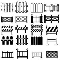 Fence flat line icons set. Wood fencing, metal profiled sheet, wire mesh, crowd control barricades vector illustrations.