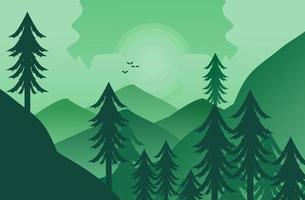 vector flat landscape illustration of mountains with forest and flying birds