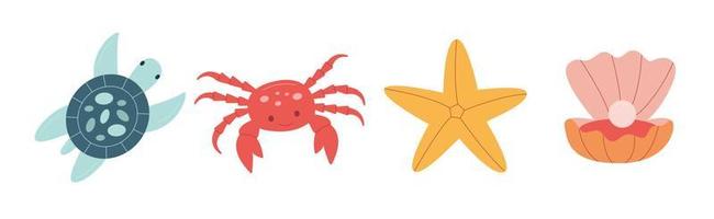 Set of sea inhabitants. Starfish, crab, corals, turtle and shells vector illustration. Doodle carton illustration.