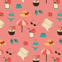 Vector seamless pattern with zummer accessories cocktail, sunglasses, panama hat, swimwear, slippers, umbrella. For print poster and card