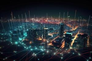 web network illuminated digital night city, cityscape web3 blockchain technology Internet connection photo